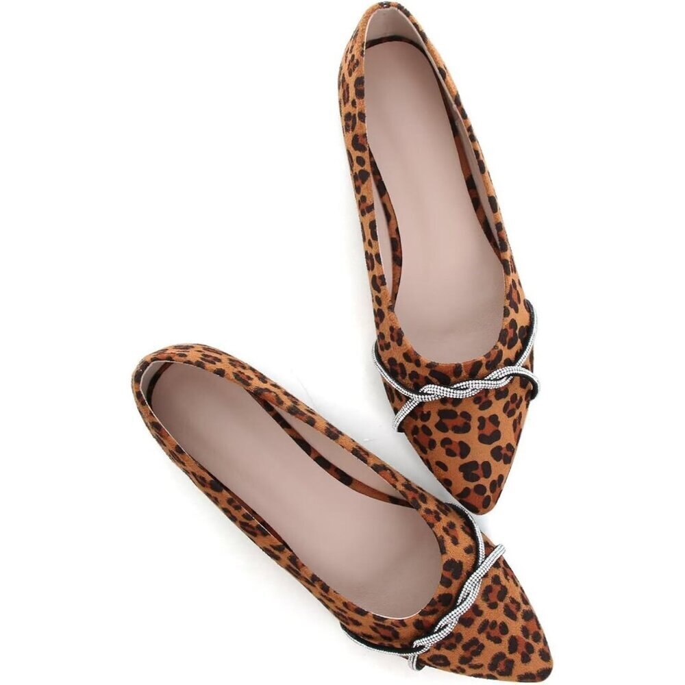 Women's Leopard Casual Flats Fashion Chain Pointed Toe Ballet Flat Rhinestone - Picture 2 of 7